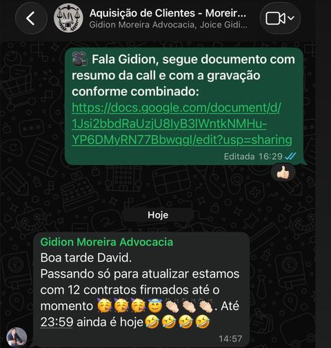 Print de conversa no WhatsApp com a Gidion Moreira Advocacia confirmando 12 contratos firmados