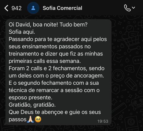 Print de mensagem de agradecimento de aluna relatando dois fechamentos