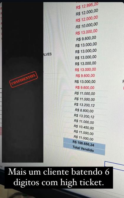 Print de planilha de vendas somando mais de cem mil reais em um cliente